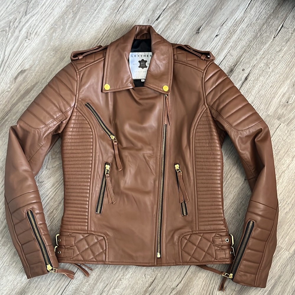 Brown quilted leather cafe racer motorcycle jacket